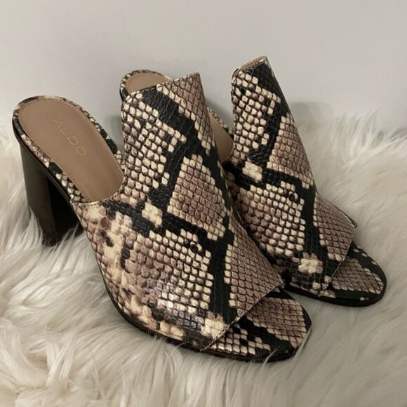 Aldo Snake Print Leather Slip on Block High Heel Sandal Shoe Mules Size 8 bin 3L - Picture 1 of 7